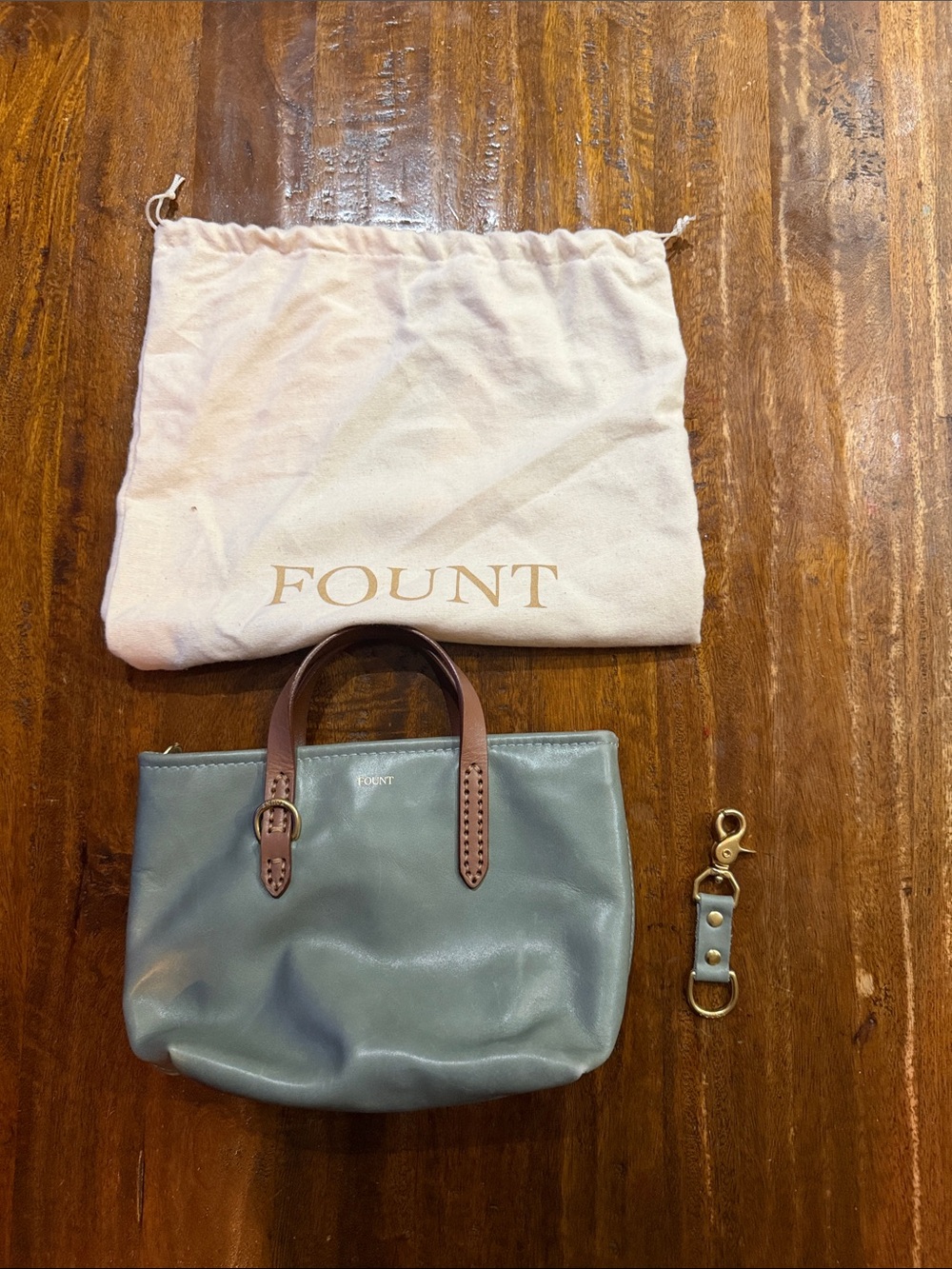 FOUNT Mini Leather Tote in Dusty Blue with Brown Handles Bonus keychain